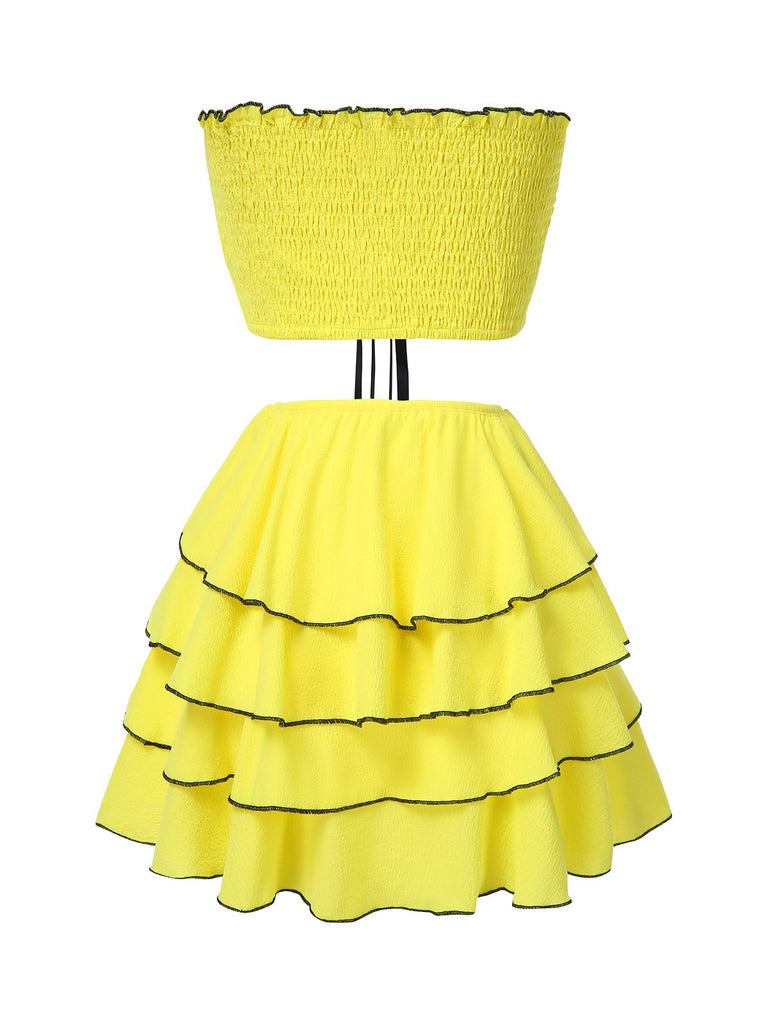 2PCS Yellow 1950s Bow Smocked Tube Top & Multi-Layer Skirt