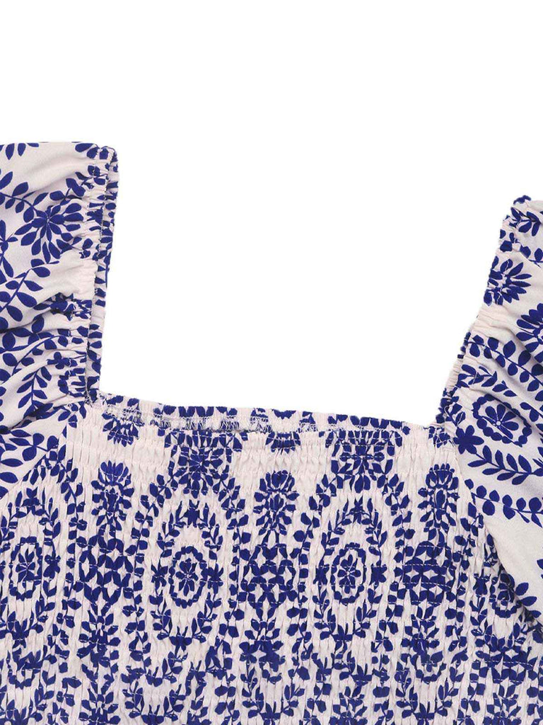 Blue 1930s Tribal Prints Square Neck Romper
