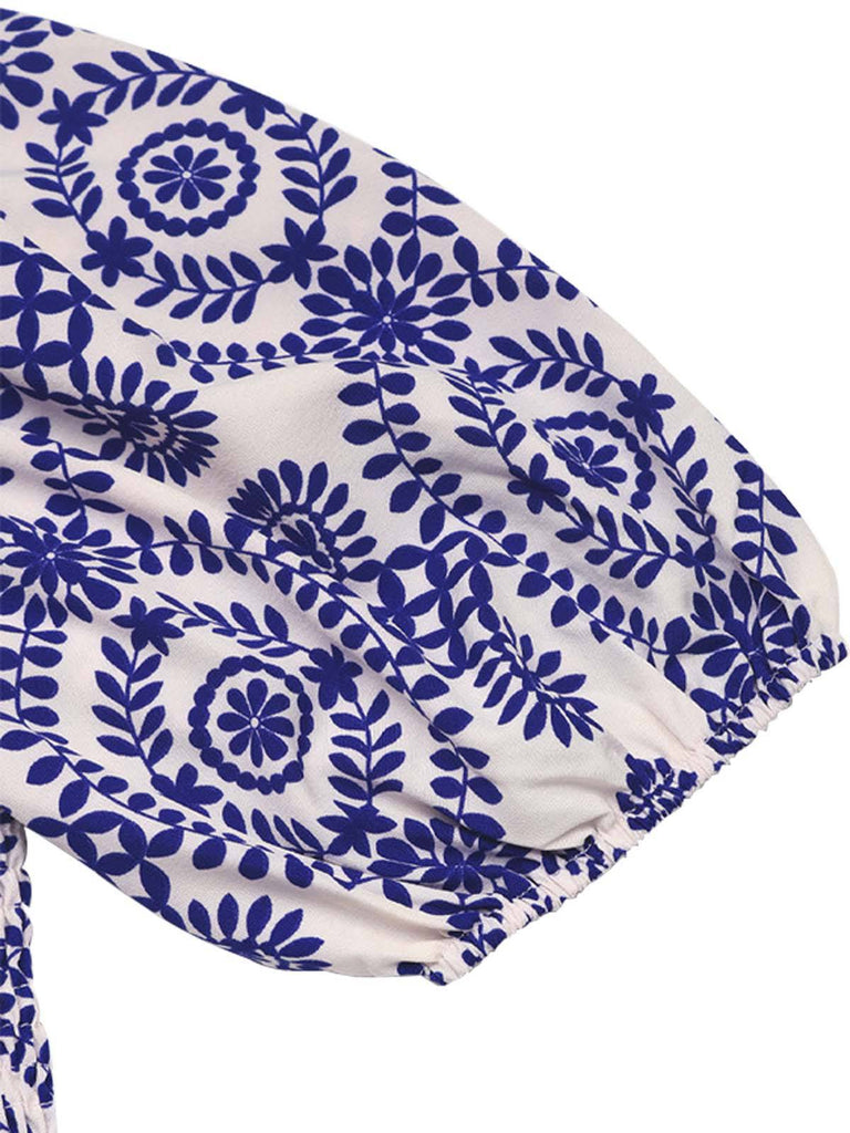 Blue 1930s Tribal Prints Square Neck Romper