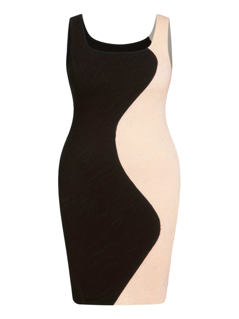 [Plus Size] Black 1960s Scoop Neck Colorblock Bodycon Dress