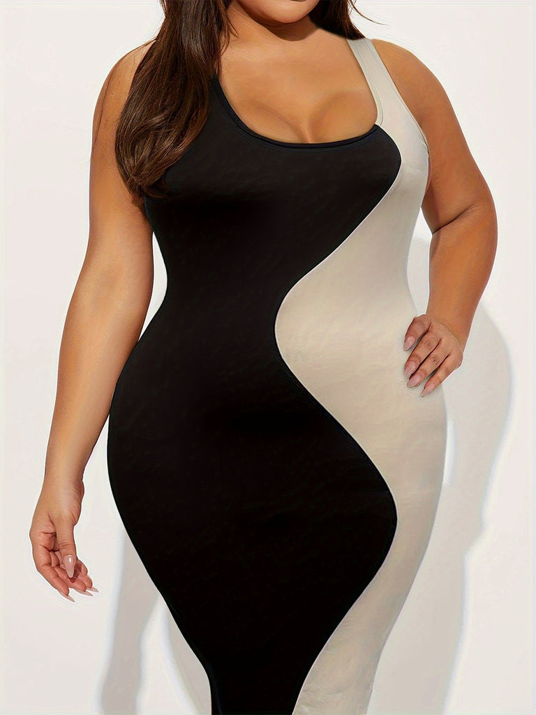 [Plus Size] Black 1960s Scoop Neck Colorblock Bodycon Dress