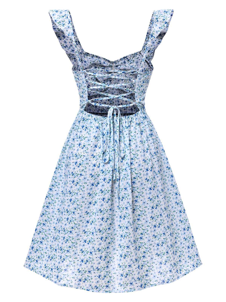 Light Blue 1950s Ruffles Strap Ditsy Floral Dress