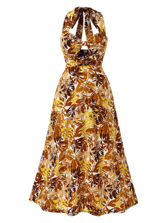 1930s Leaves Silhouette Hollow-Out Halter Dress