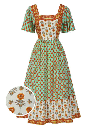 Green 1970s Bohemian Square Neck Floral Dress