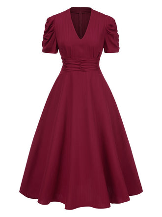 1950s Solid Empire Waist V-Neck Puff Sleeves Dress