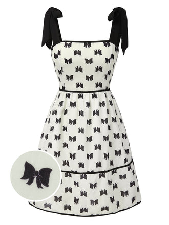 Cream 1950s Bow Tie-Up Straps Smocked Dress
