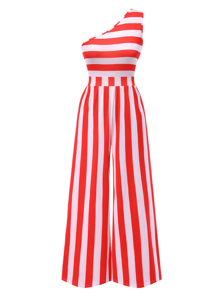 Red 1950s Striped One-Shoulder Jumpsuit