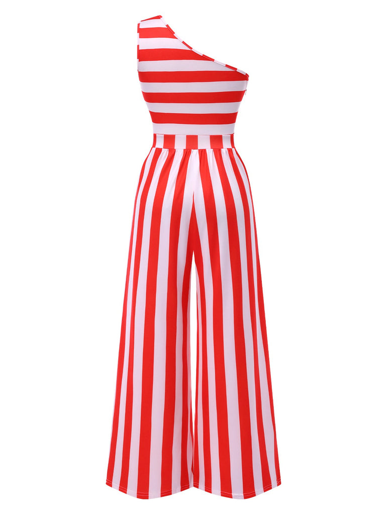Red 1950s Striped One-Shoulder Jumpsuit