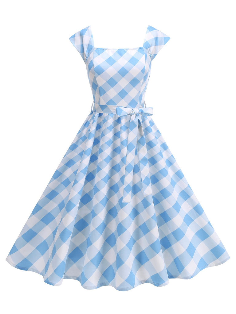 1950s Cap Sleeves Argyle Plaid Swing Dress
