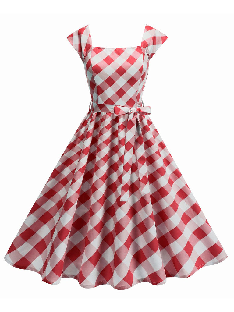 1950s Cap Sleeves Argyle Plaid Swing Dress