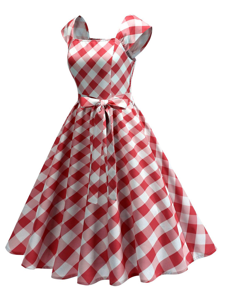 1950s Cap Sleeves Argyle Plaid Swing Dress