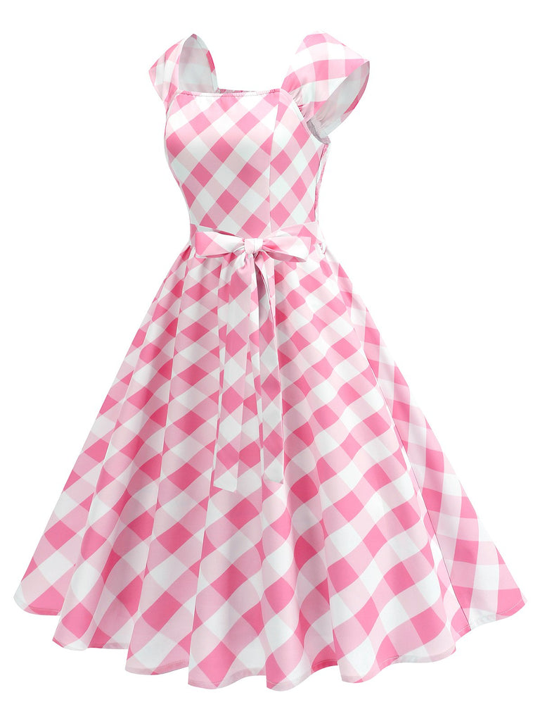 1950s Cap Sleeves Argyle Plaid Swing Dress