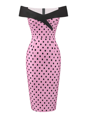 [US Warehouse] Pink 1960s Off-shoulder Dots Pencil Dress