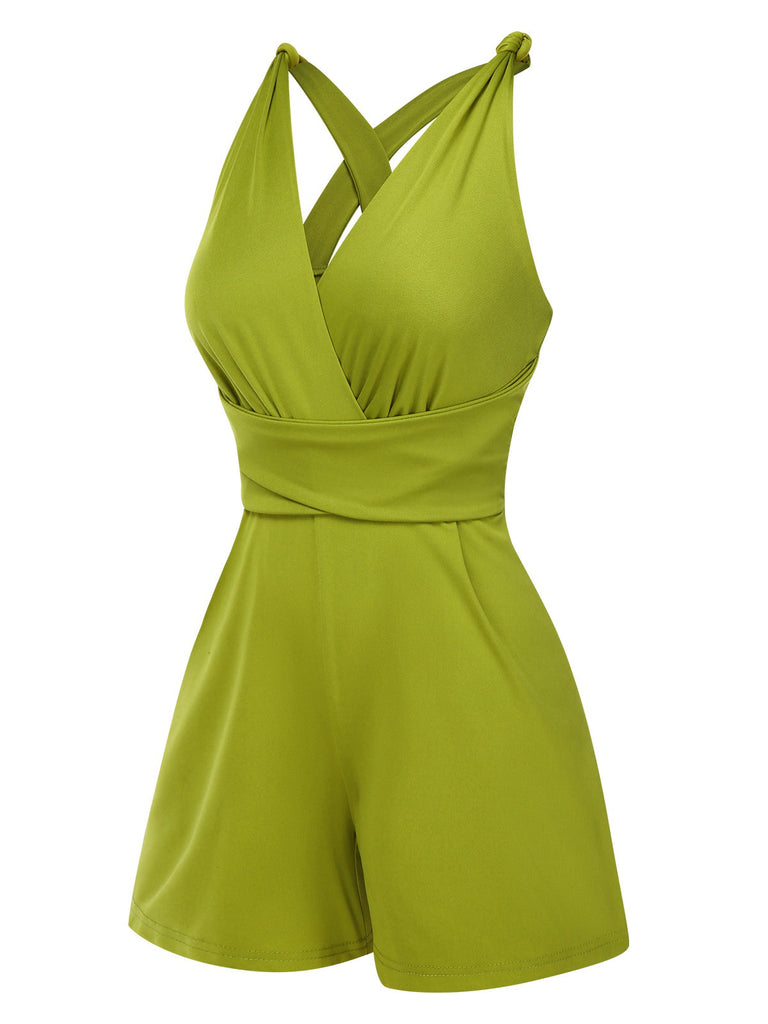 Green 1940s Solid Cross-Back Straps Romper