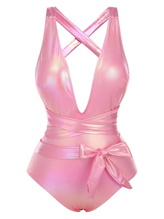 Pink 1970s Metallic Lace-Up Swimsuit