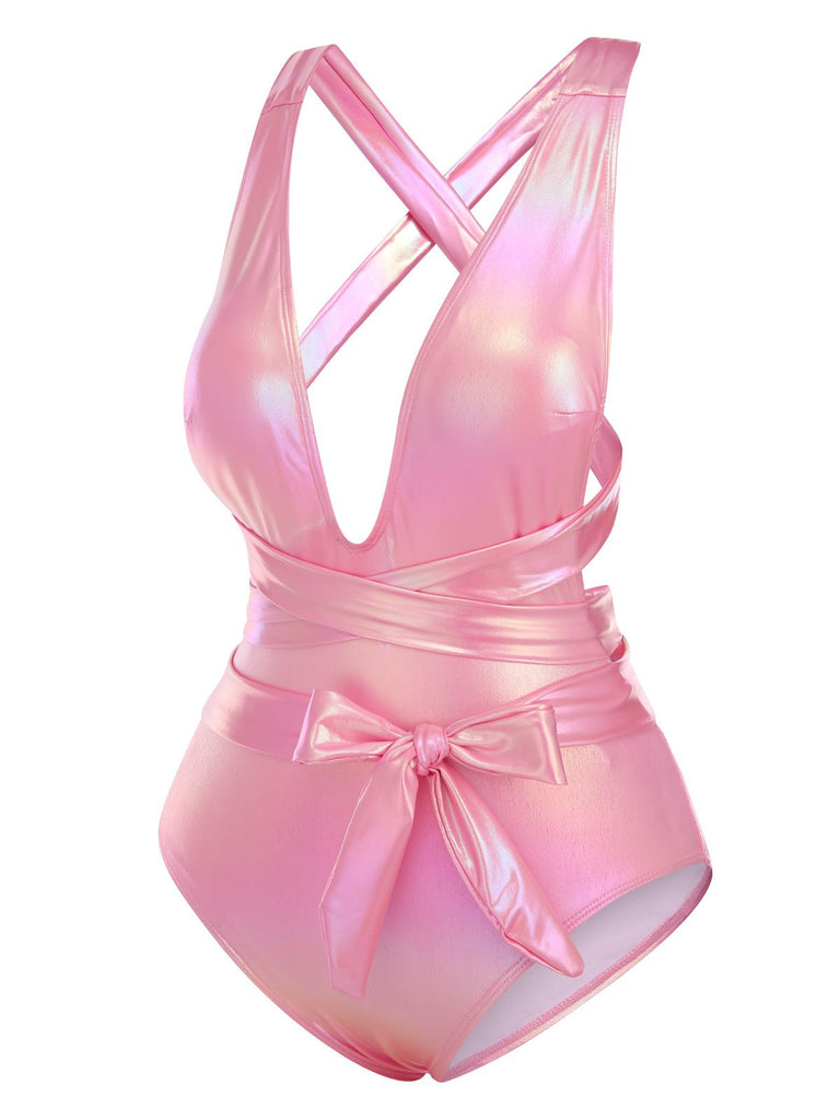 Pink 1970s Metallic Lace-Up Swimsuit