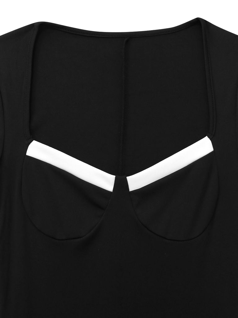 Black 1950s Square Neck Long Sleeve Romper