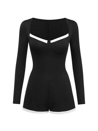 Black 1950s Square Neck Long Sleeve Romper