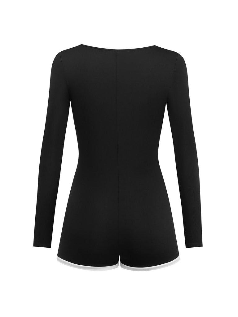 Black 1950s Square Neck Long Sleeve Romper