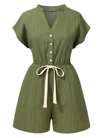 Green 1950s V-Neck Textured Pocket Romper