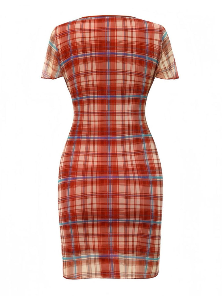 Red 1960s V-Neck Bow Plaid Pencil Dress