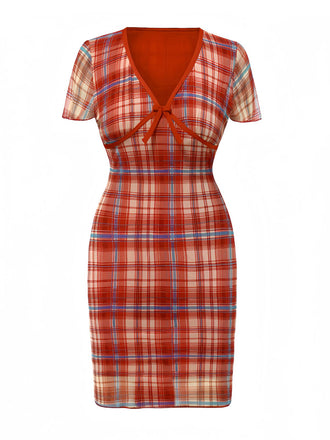 Red 1960s V-Neck Bow Plaid Pencil Dress