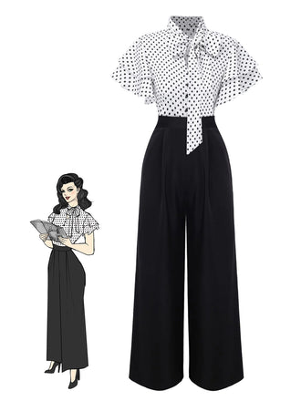 Black 1930s Polka Dots Tie-Neck Jumpsuit