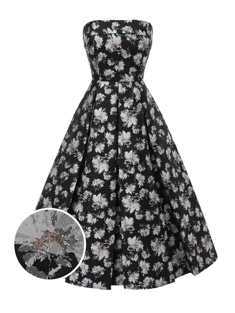 [Pre-Sale] Black 1930s Floral Gold Thread Strapless Dress