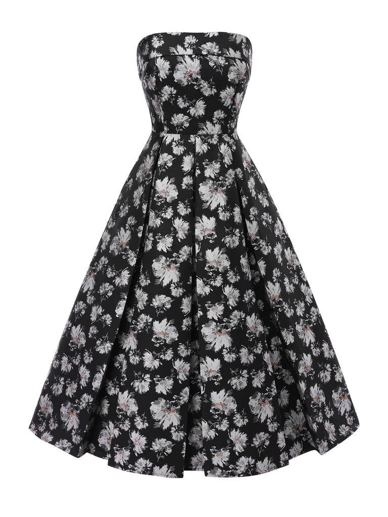 [Pre-Sale] Black 1930s Floral Gold Thread Strapless Dress