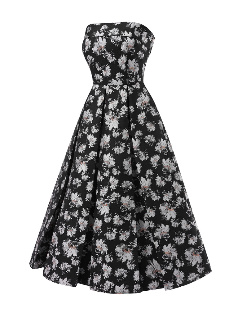 [Pre-Sale] Black 1930s Floral Gold Thread Strapless Dress