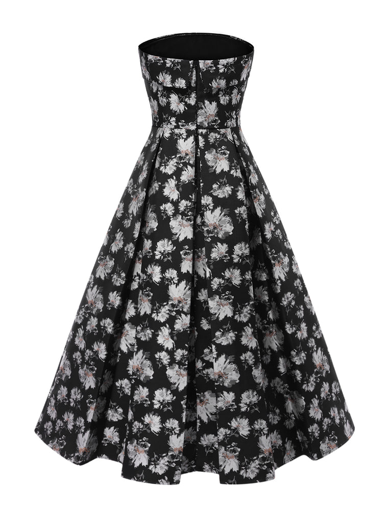 [Pre-Sale] Black 1930s Floral Gold Thread Strapless Dress