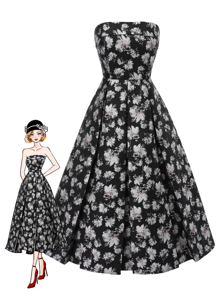 [Pre-Sale] Black 1930s Floral Gold Thread Strapless Dress