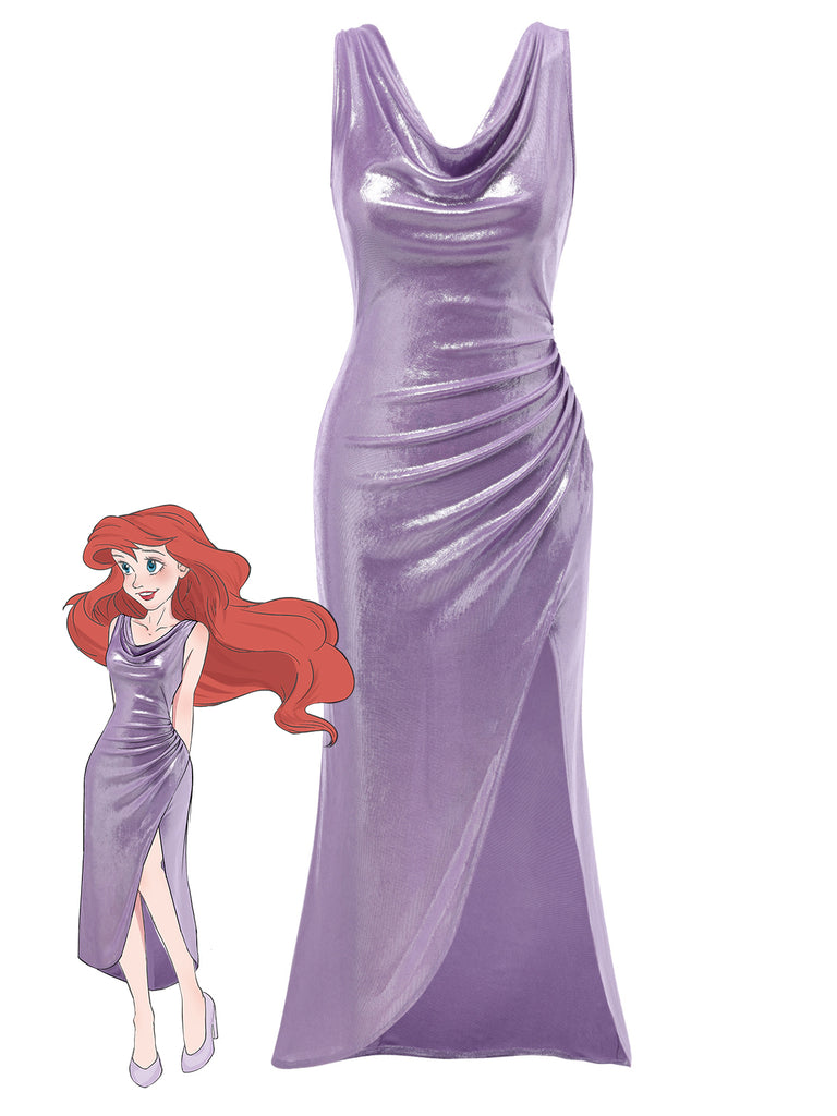 [Pre-Sale] Lavender 1960s Cowl Neck High-Slit Pearlescent Dress