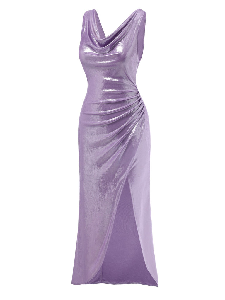 [Pre-Sale] Lavender 1960s Cowl Neck High-Slit Pearlescent Dress