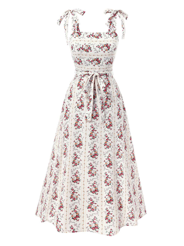 [Pre-Sale] White 1940s Suspender Smocked Bohemian Floral Dress