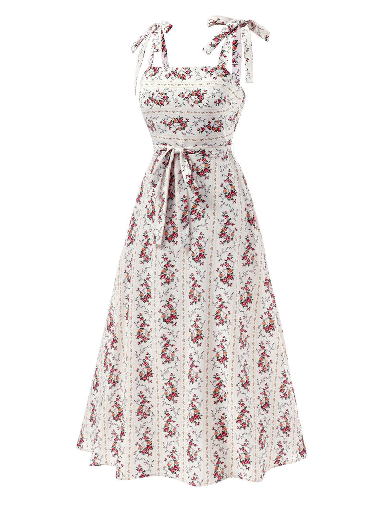 [Pre-Sale] White 1940s Suspender Smocked Bohemian Floral Dress
