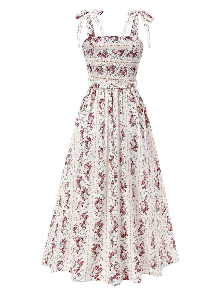 [Pre-Sale] White 1940s Suspender Smocked Bohemian Floral Dress