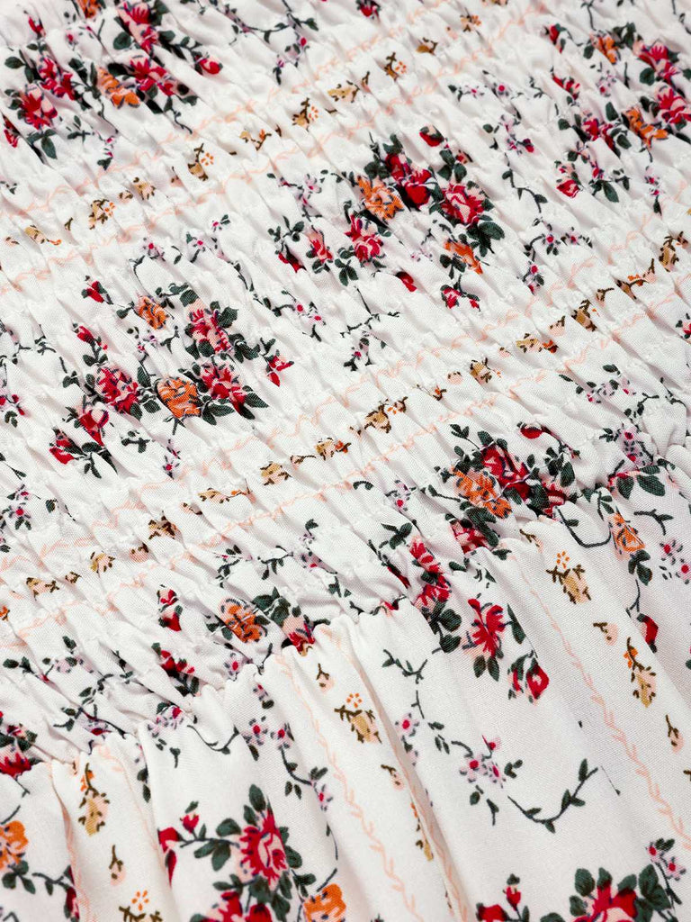 [Pre-Sale] White 1940s Suspender Smocked Bohemian Floral Dress