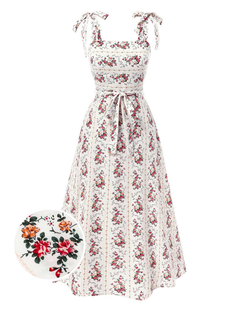 [Pre-Sale] White 1940s Suspender Smocked Bohemian Floral Dress