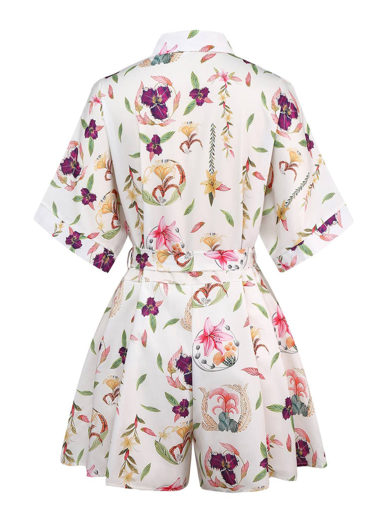 Multicolor 1950s Floral Lapel Batwing Sleeve Romper