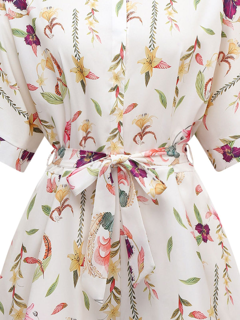 Multicolor 1950s Floral Lapel Batwing Sleeve Romper