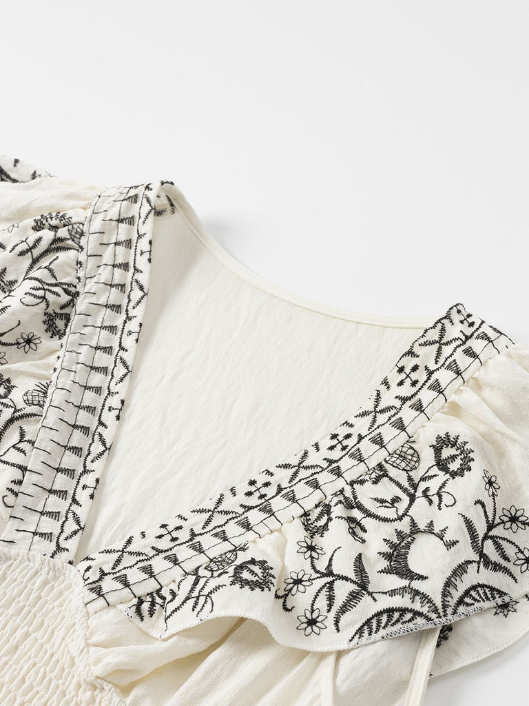 White 1970s V-Neck Floral Boho Ruffles Dress
