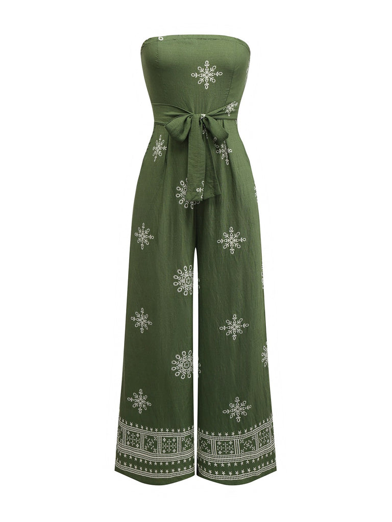 Green 1970s Wide-Legs Bohemian Bandeau Jumpsuit