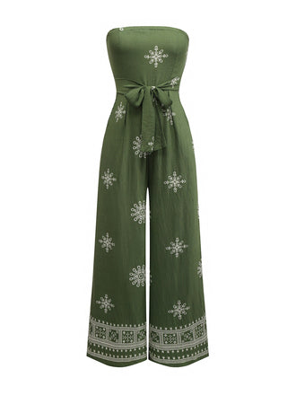 Green 1970s Wide-Legs Bohemian Bandeau Jumpsuit