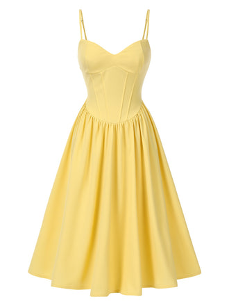 Yellow 1940s Solid Corset Spaghetti Straps Dress