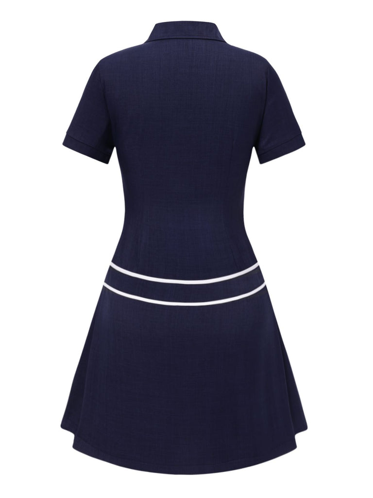[Pre-Sale] Blue 1970s Contrast Line Lapel Button Dress