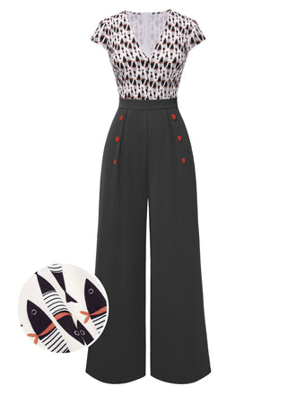 [Pre-Sale] Gray 1950s Fish Patchwork Buttoned Jumpsuit