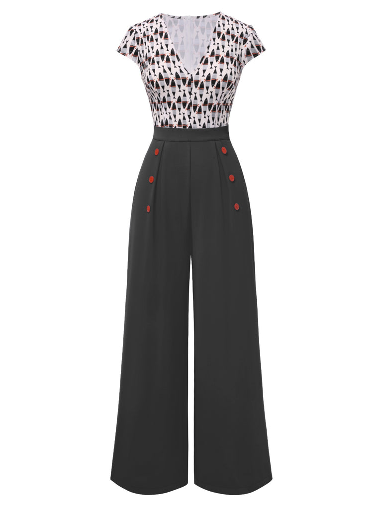 [Pre-Sale] Gray 1950s Fish Patchwork Buttoned Jumpsuit