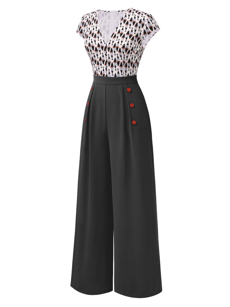 [Pre-Sale] Gray 1950s Fish Patchwork Buttoned Jumpsuit