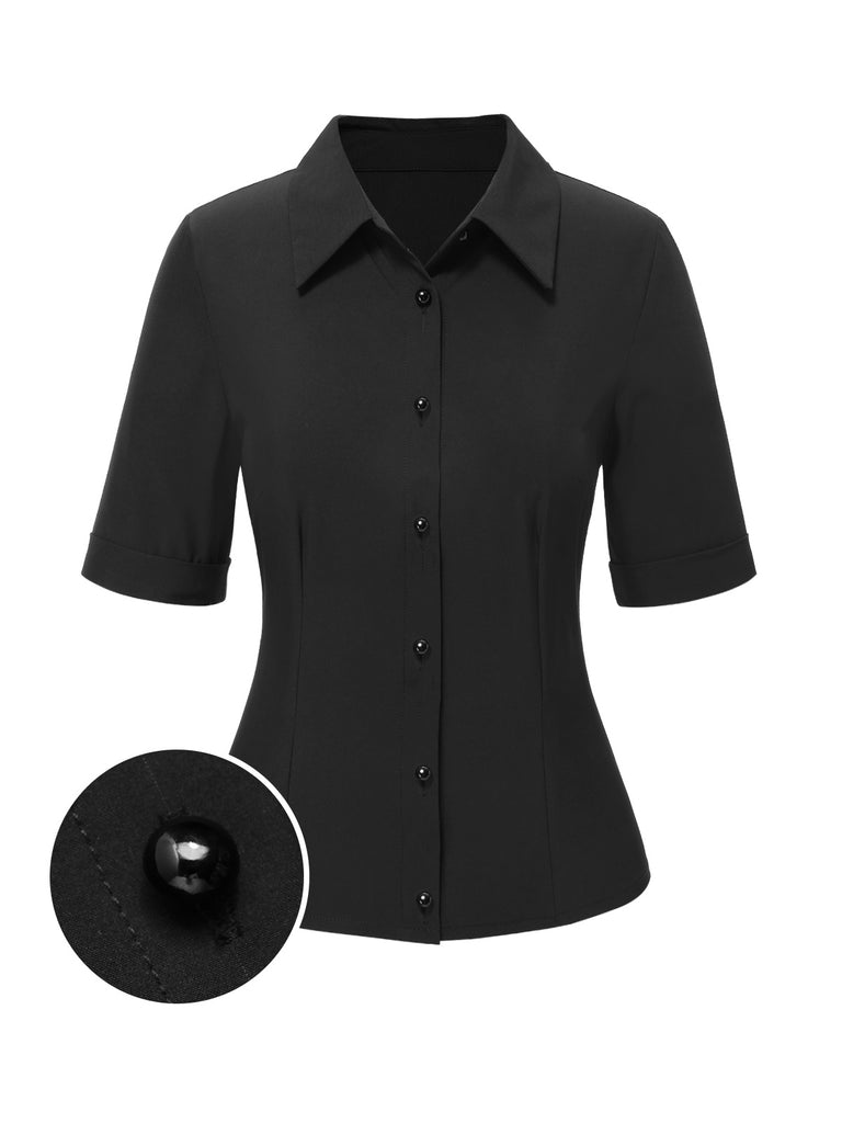 [Pre-Sale] Black 1950s Solid Rolled Sleeve Lapel Blouse